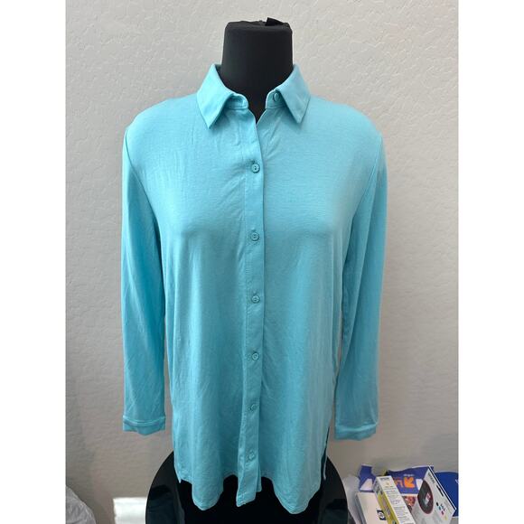 EILEEN FISHER | Aqua Blue Tencel Button Down Shirt Long Sleeve Soft Stretch | XS - Picture 2 of 6
